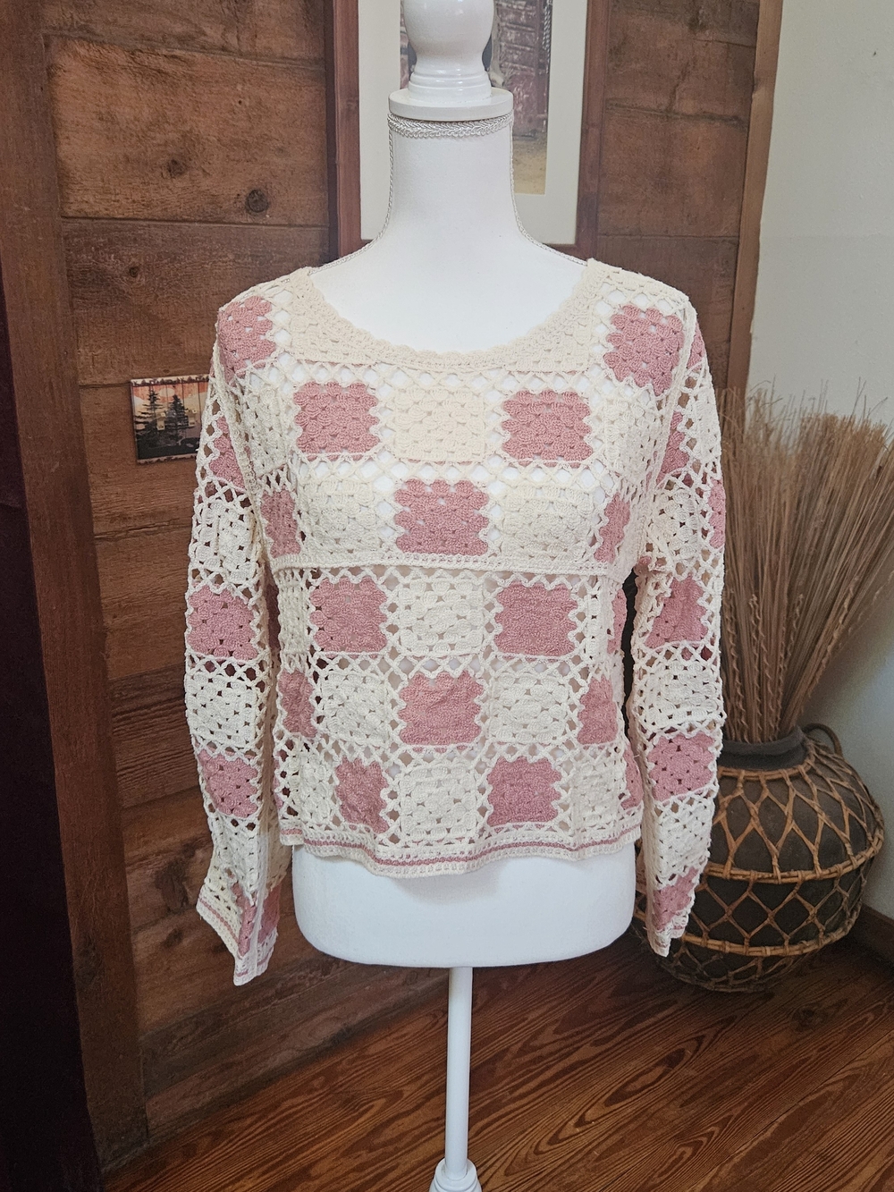Rebellion Pink and Cream Crochet Square Long Sleeve Top
